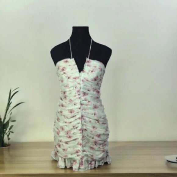 Lulu’s Dress Small Blooming Night Out Light  Green Floral Print Ruched Bodycon - Picture 2 of 16